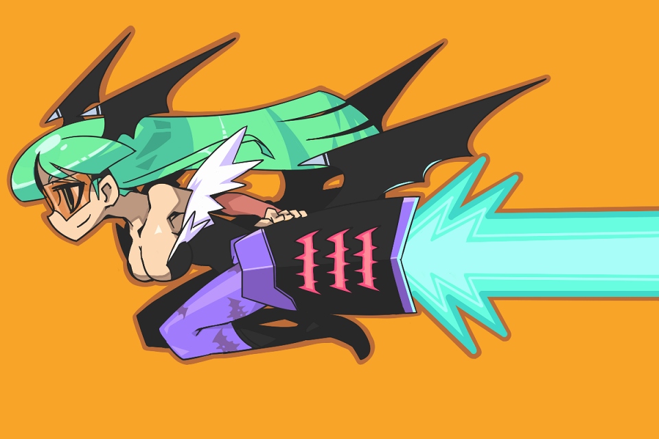 yashiroku, morrigan aensland, capcom, darkstalkers, 1girl, animal print, bare shoulders, bat print, bat wings, breasts, chibi, cleavage, demon girl, female focus, flying, goggles, green hair, head wings, large breasts, orange background, pantyhose, print pantyhose, purple pantyhose, rocket boosters, smile, solo, thrusters, wings