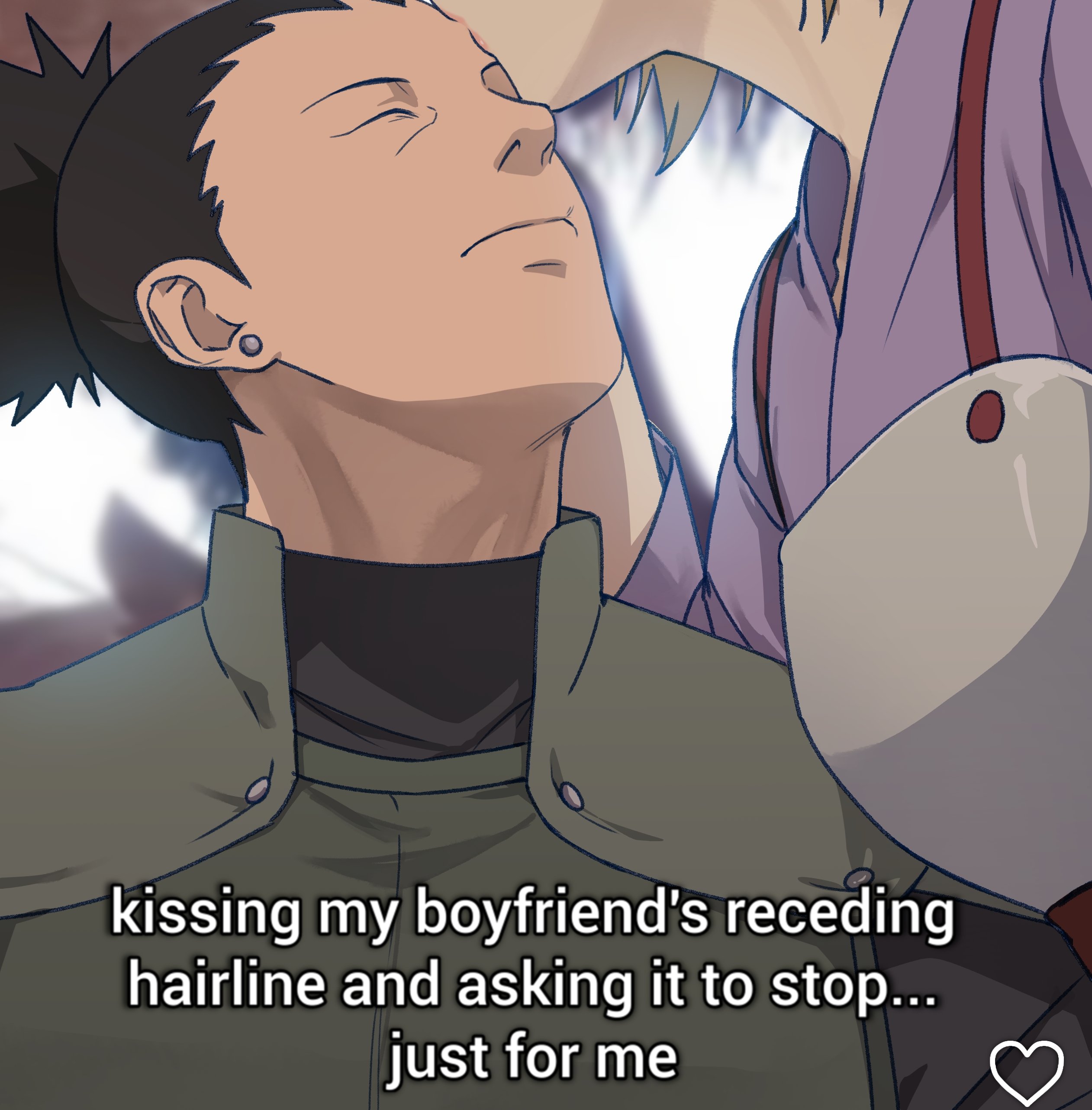 burin burin, nara shikamaru, temari (naruto), naruto (series), naruto shippuuden, absurdres, derivative work, highres, 1boy, 1girl, armor, black hair, black shirt, blonde hair, breastplate, closed eyes, couple, earrings, english text, green vest, hetero, jewelry, kiss, kissing forehead, ponytail, purple rope, rope, shirt, short hair, short ponytail, upper body, vest