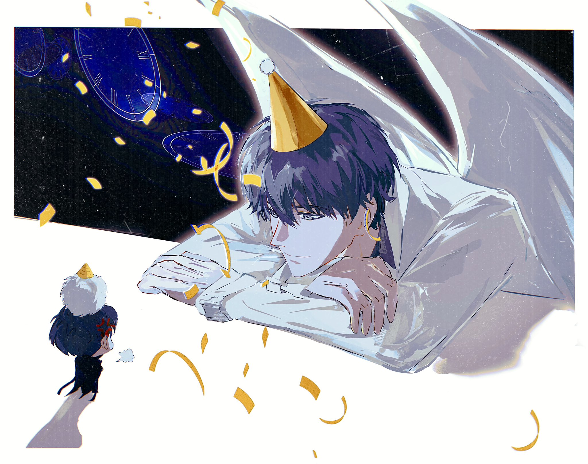 biyoo (omniscient reader's viewpoint), kim dokja, yoo joonghyuk, omniscient reader's viewpoint, commentary, english commentary, highres, 2boys, 8d2suga9, anger vein, animal, animal on head, black coat, black eyes, black hair, black shirt, chibi, chibi inset, coat, confetti, crossed arms, feathered wings, full body, giant, hat, head rest, looking at another, male focus, mini person, miniboy, multiple boys, on head, party hat, pom pom hat ornament, shirt, short hair, sky, smile, space, standing, star (sky), starry sky, stopwatch, watch, white coat, white wings, wings