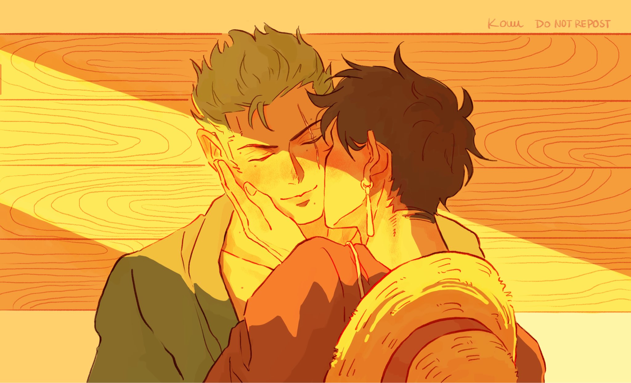 monkey d. luffy, roronoa zoro, one piece, commentary, english commentary, highres, 2boys, artist name, black hair, closed eyes, closed mouth, earrings, green hair, hand on another's face, hat, jewelry, kiss, kissing cheek, kouu kunn, lips, male focus, medium sideburns, multiple boys, piercing, red shirt, scar, scar across eye, scar on face, shirt, short hair, smile, straw hat, unworn hat, unworn headwear, upper body, yaoi