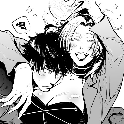 margarete gertrude zelle, yuri hyuga, shadow hearts, artist request, lowres, 1boy, 1girl, :d, ^ ^, alcohol, arms up, blush, breasts, choker, cleavage, closed eyes, closed mouth, coat, collarbone, cup, drinking glass, drunk, embarrassed, facing another, facing viewer, glass, hair ribbon, hair tie, hands up, happy, high ponytail, holding, holding glass, hug, ice, ice cube, large breasts, laughing, long hair, long sleeves, looking at another, monochrome, one-armed hug, open mouth, ponytail, ribbon, short hair, smile, star (symbol), teeth, tongue, upper body