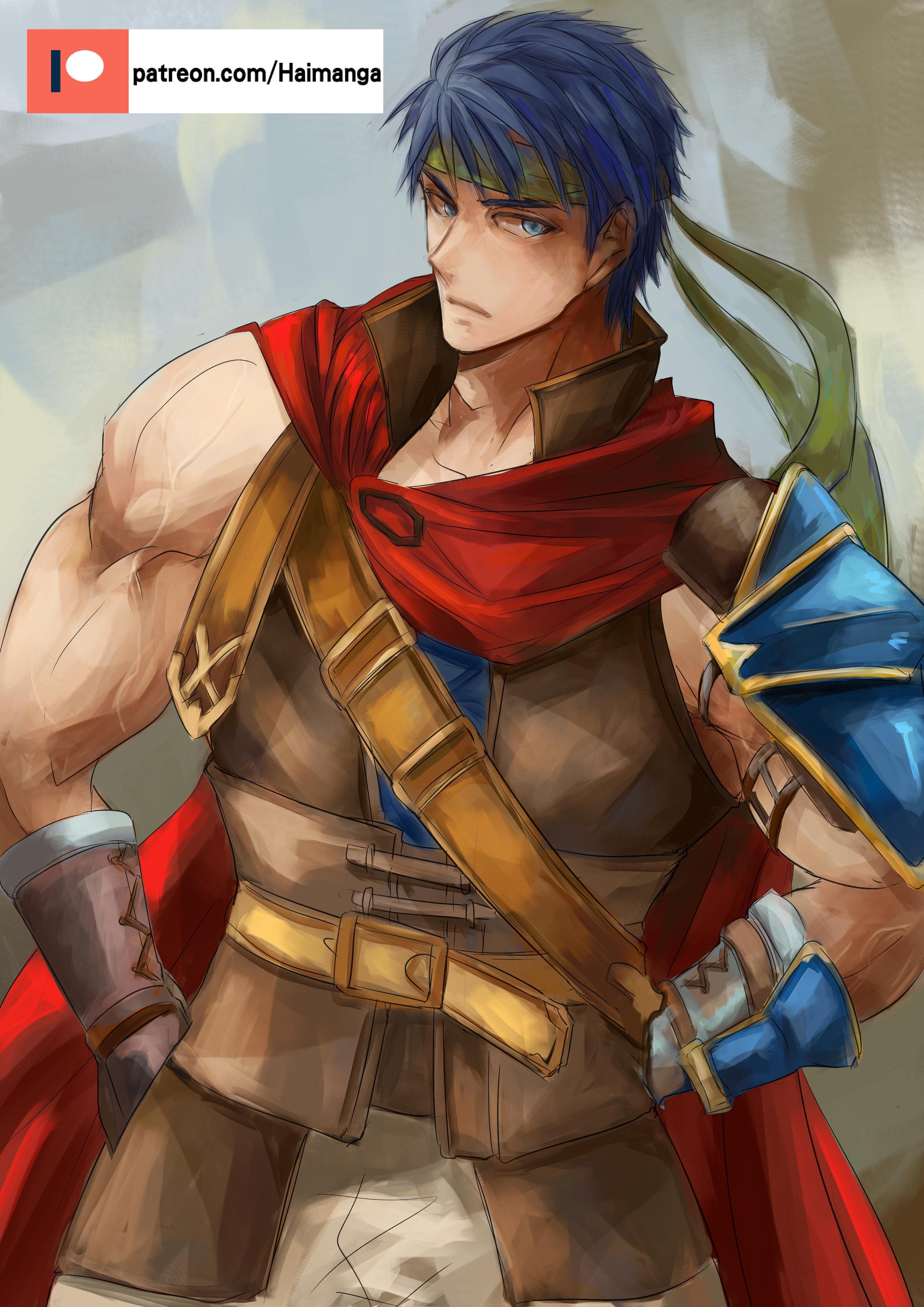 gallant11101110, ike (fire emblem), fire emblem, fire emblem: radiant dawn, nintendo, absurdres, commentary, english commentary, highres, paid reward available, 1boy, armor, blue eyes, blue hair, cape, green headband, headband, male focus, pauldrons, red cape, short hair, shoulder armor, single pauldron, solo, veins