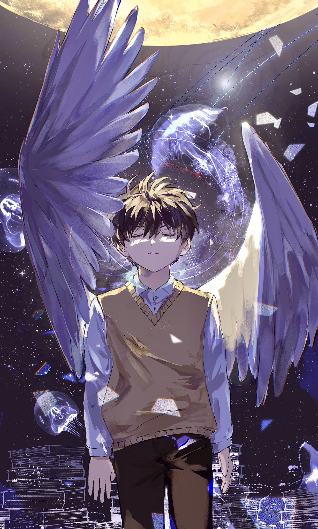 kim dokja, oldest dream, omniscient reader's viewpoint, highres, 1boy, 8d2suga9, analog clock, backlighting, black hair, book, book stack, brown vest, clock, closed eyes, collared shirt, falling paper, feathered wings, feet out of frame, frown, galaxy, halo, halo behind head, jellyfish, male focus, moon, shirt, short hair, solo, space, vest, white shirt, white wings, wings