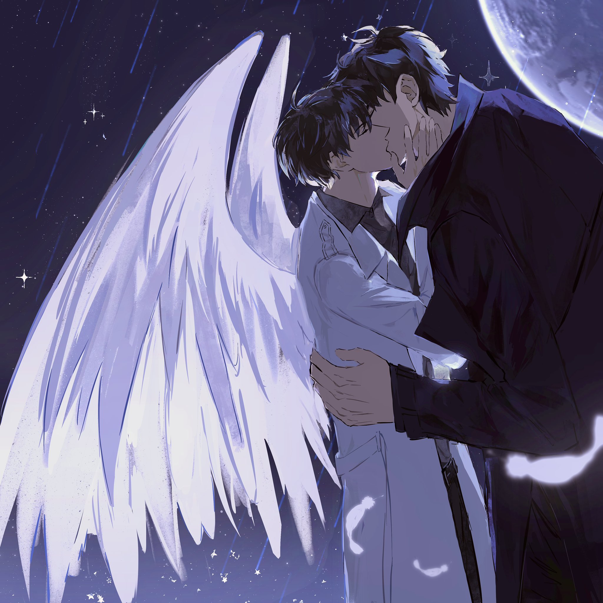 kim dokja, yoo joonghyuk, omniscient reader's viewpoint, highres, 2boys, 8d2suga9, black coat, black hair, black shirt, closed eyes, coat, collared shirt, cowboy shot, falling feathers, feathered wings, feathers, hand on another's face, kiss, meteor shower, moon, multiple boys, night, open clothes, open coat, popped collar, shirt, short hair, white coat, white wings, wings, yaoi