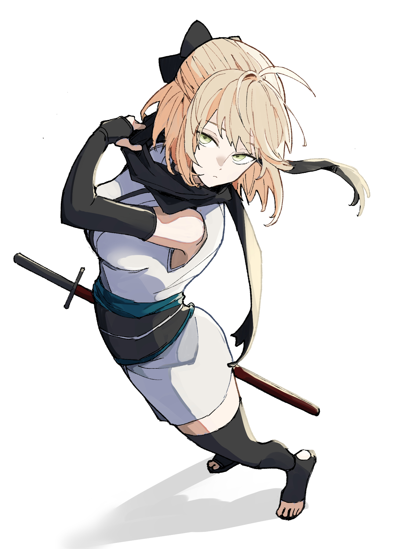 ki wa001, okita souji (fate), okita souji (koha-ace), fate/grand order, fate (series), highres, 1girl, ahoge, bare shoulders, black bow, black thighhighs, blonde hair, bow, breasts, full body, hair bow, japanese clothes, kimono, looking at viewer, obi, okita souji (second ascension) (fate), sash, scabbard, scarf, sheath, short hair, short kimono, simple background, sleeveless, sleeveless kimono, solo, sword, thighhighs, thighs, weapon, white background, white kimono, yellow eyes