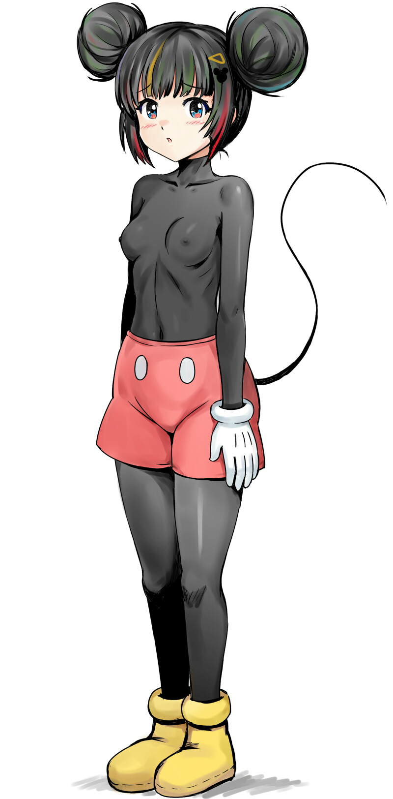 y.ssanoha, mickey mouse, mickey mouse & friends, original, commentary, highres, 1girl, black bodysuit, blonde hair, blue eyes, bodysuit, boots, breasts, cosplay, covered erect nipples, double bun, full body, gloves, green hair, hair bun, hair ornament, hairclip, impossible bodysuit, impossible clothes, mickey mouse (cosplay), mouse tail, multicolored eyes, multicolored hair, red boots, red eyes, red hair, red shorts, shorts, small breasts, solo, streaked hair, tail, turtleneck, turtleneck bodysuit, white gloves