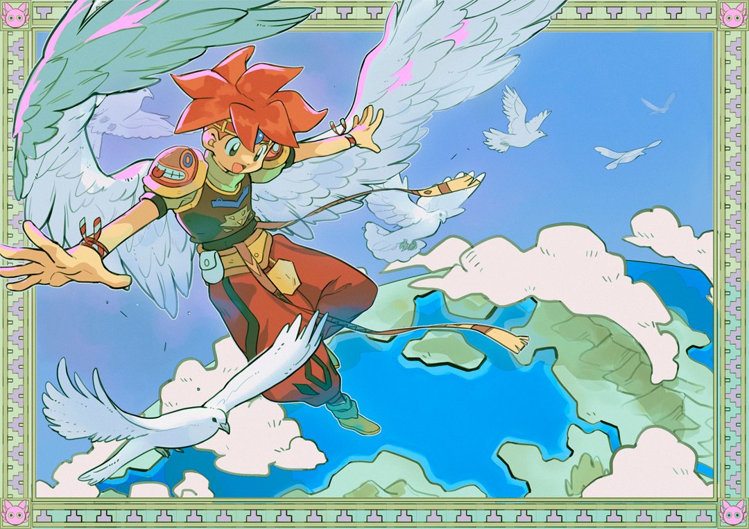 alpaca carlesi, ark (tenchi souzou), tenchi souzou, commentary, english commentary, 1boy, angel wings, animal, armor, baggy pants, bird, blue sky, border, cloud, earth (planet), feathered wings, flying, full body, green eyes, headband, male focus, midair, open mouth, orange hair, ornate border, outstretched arms, pants, planet, red pants, seagull, short hair, short sleeves, shoulder armor, sky, solo, spiked hair, spread arms, white wings, wings