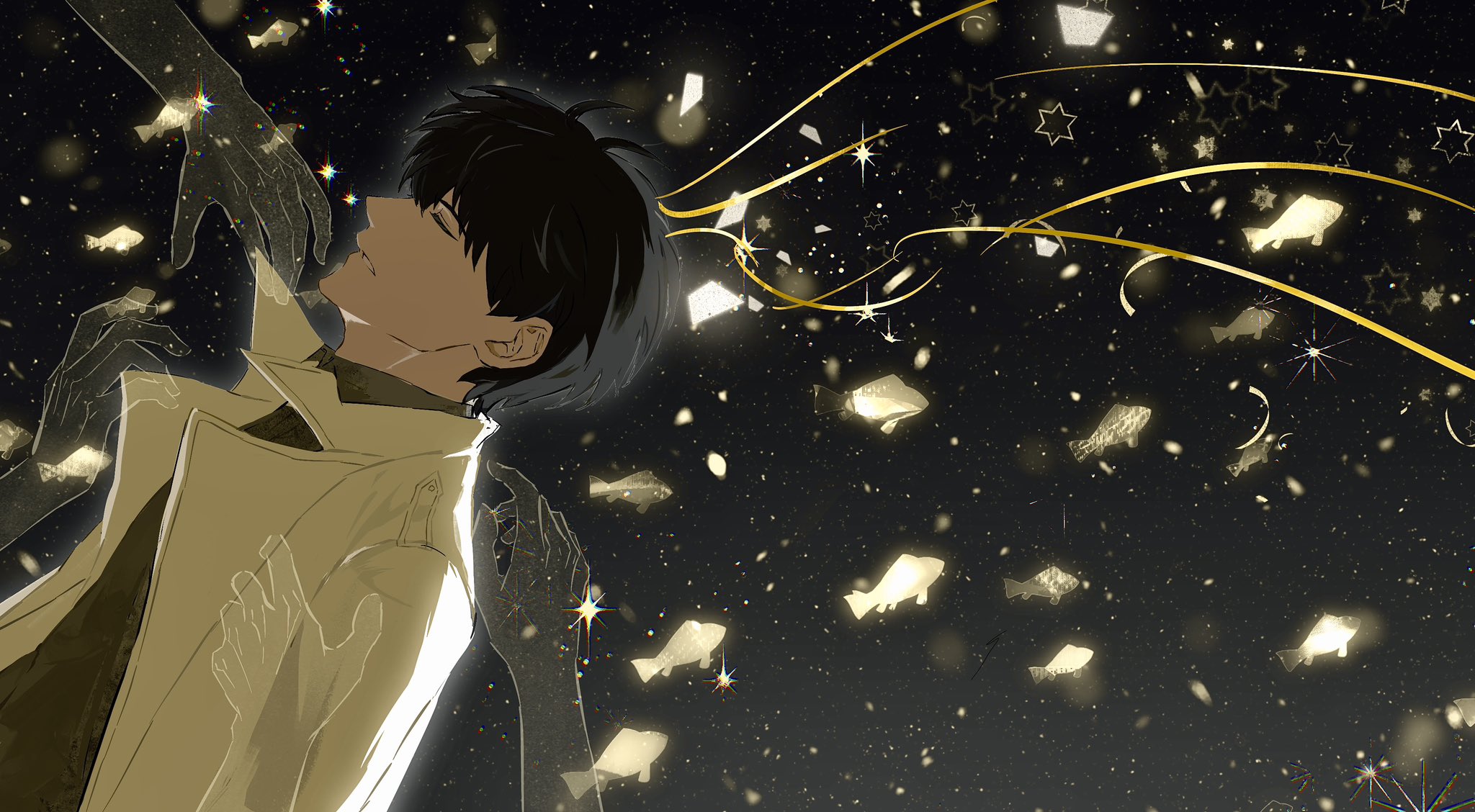 kim dokja, omniscient reader's viewpoint, commentary, english commentary, highres, 1boy, 2others, 8d2suga9, backlighting, black hair, black shirt, closed eyes, coat, falling, limited palette, male focus, multiple others, night, open clothes, open coat, popped collar, reaching, reaching towards another, ribbon, school of fish, see-through body, shirt, short hair, simple fish, sky, solo focus, star (sky), starry sky, upper body, white coat, yellow ribbon