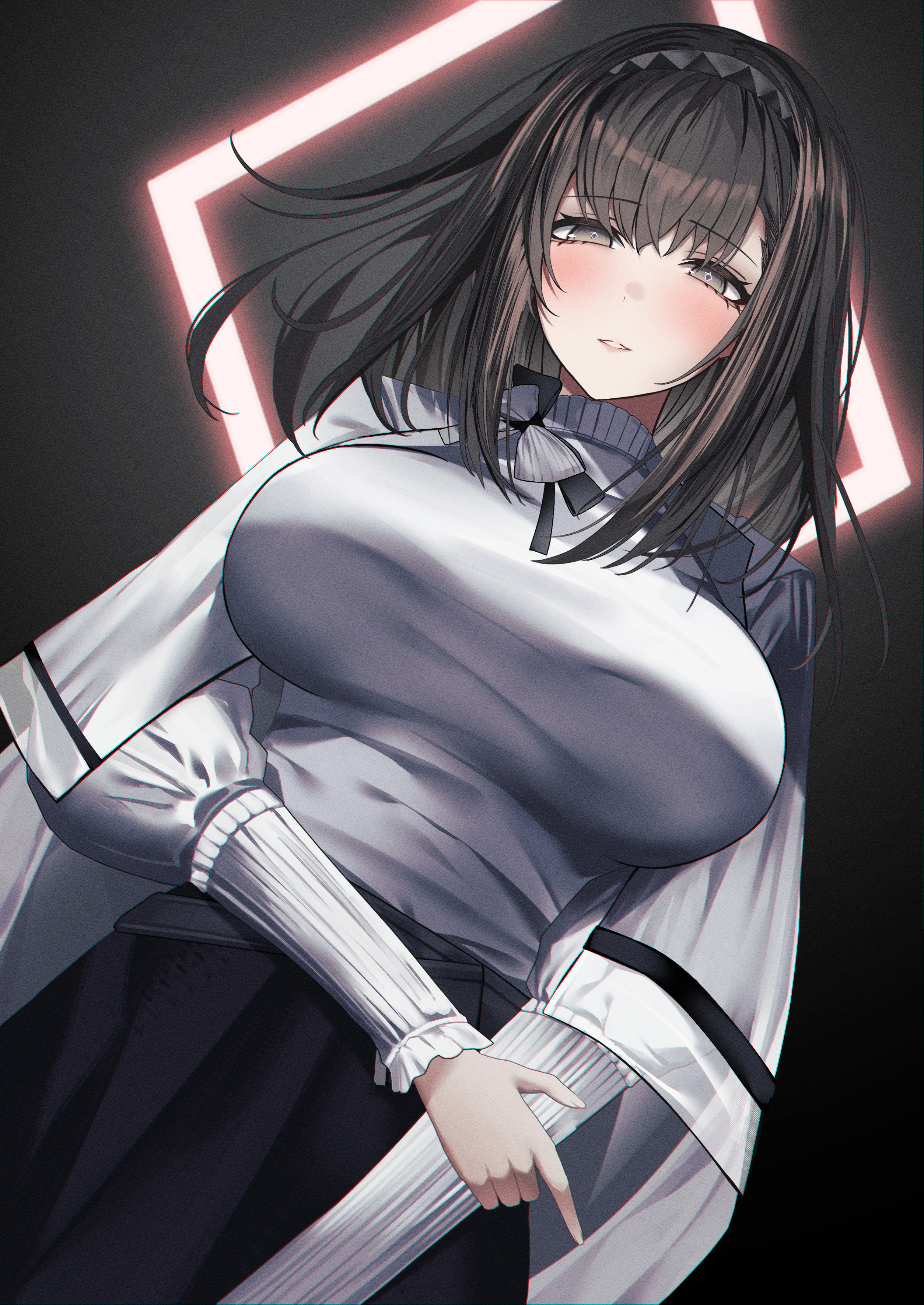 mo komo momo, priestess (arknights), arknights, absurdres, adversarial noise, commentary request, highres, 1girl, black bow, black hairband, bow, brown hair, coat, cowboy shot, diamond-shaped pupils, diamond (shape), dutch angle, fingernails, grin, hairband, holding own arm, long hair, long sleeves, looking at viewer, medium hair, parted lips, purple eyes, simple background, skirt, smile, solo, sweater, symbol-shaped pupils, turtleneck, turtleneck sweater, white bow, white coat, white sweater