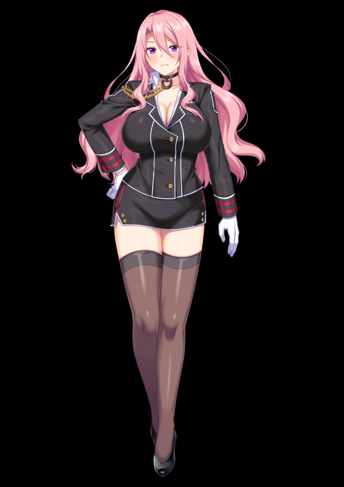 horosuke, alice soft, 1girl, black background, black choker, black shirt, black shoes, black skirt, black thighhighs, blush, breasts, choker, cleavage, closed mouth, collarbone, collared shirt, full body, gloves, hair between eyes, hand on own hip, huge breasts, long hair, long sleeves, looking at viewer, mole, mole under eye, pink eyes, pink hair, shirt, shoes, simple background, skirt, solo, tachi-e, thighhighs, thighs, white gloves, white shirt