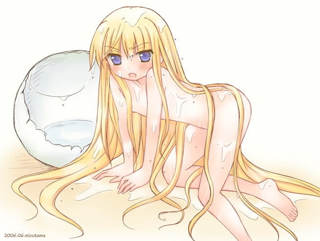 evangeline a.k. mcdowell, mahou sensei negima!, 00s, barefoot, blonde hair, blue eyes, egg, feet, loli, long hair, very long hair, wet