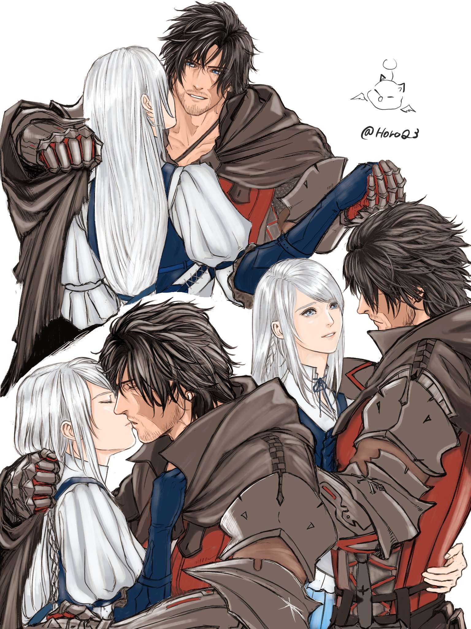 clive rosfield, jill warrick, moogle, final fantasy, final fantasy xvi, highres, 1boy, 1girl, arm around shoulder, arm around waist, armor, armored gloves, beard stubble, black armor, black cloak, black hair, blue gloves, blue vest, breasts, cloak, couple, facial hair, facial scar, gloves, grey eyes, grey hair, hair between eyes, hand in another's hair, hetero, holding hands, horoq3, kiss, light smile, looking at another, multiple views, parted lips, red vest, scar, scar on cheek, scar on face, shirt, short hair, sideboob, stubble, swept bangs, twitter username, upper body, vest, white background, white shirt