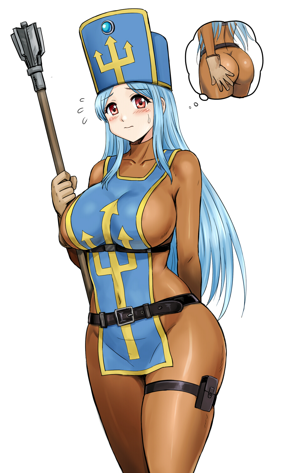 y.ssanoha, priest (dq3), dragon quest, dragon quest iii, commentary, highres, 1girl, ass, belt, black belt, blue hat, blue tabard, bodysuit, breasts, brown bodysuit, brown gloves, flying sweatdrops, gloves, hand on own ass, hat, holding, holding mace, holding weapon, impossible bodysuit, impossible clothes, large breasts, mace, mitre, pouch, solo, speech bubble, sweatdrop, tabard, thigh pouch, thought bubble, turtleneck, turtleneck bodysuit, weapon