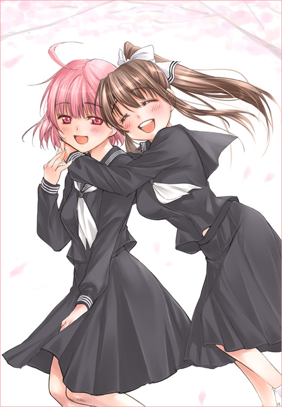 kanda aya, mashiba mariko, motoori chigusa, original, 2girls, ahoge, blush, bow, brown hair, cherry blossoms, closed eyes, hair bow, hair ribbon, hug, hug from behind, long hair, multiple girls, open mouth, petals, ponytail, ribbon, school uniform, serafuku, short hair, skirt, skirt set, smile