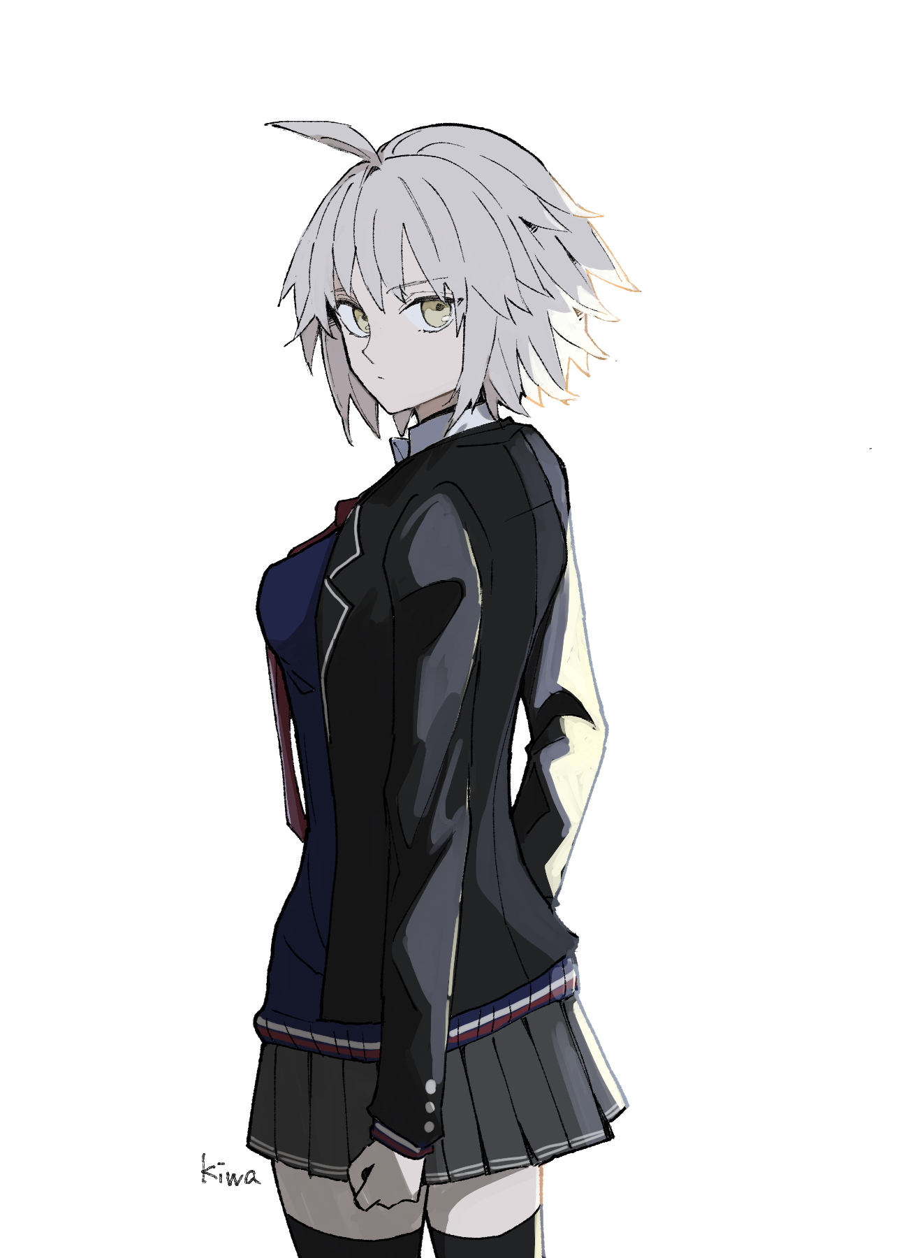 ki wa001, jeanne d'arc alter (fate), fate/grand order, fate (series), highres, 1girl, ahoge, black jacket, breasts, collared shirt, grey hair, id (fate/grand order), jacket, large breasts, long sleeves, looking at viewer, necktie, official alternate costume, pseudo-tokyo school uniform, red necktie, school uniform, shirt, short hair, simple background, skirt, solo, white background, white shirt, yellow eyes