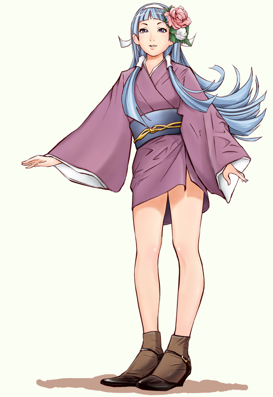 maruyama, nagi, kannagi, 00s, blue hair, blunt bangs, japanese clothes, kimono, legs, long hair, purple eyes, solo