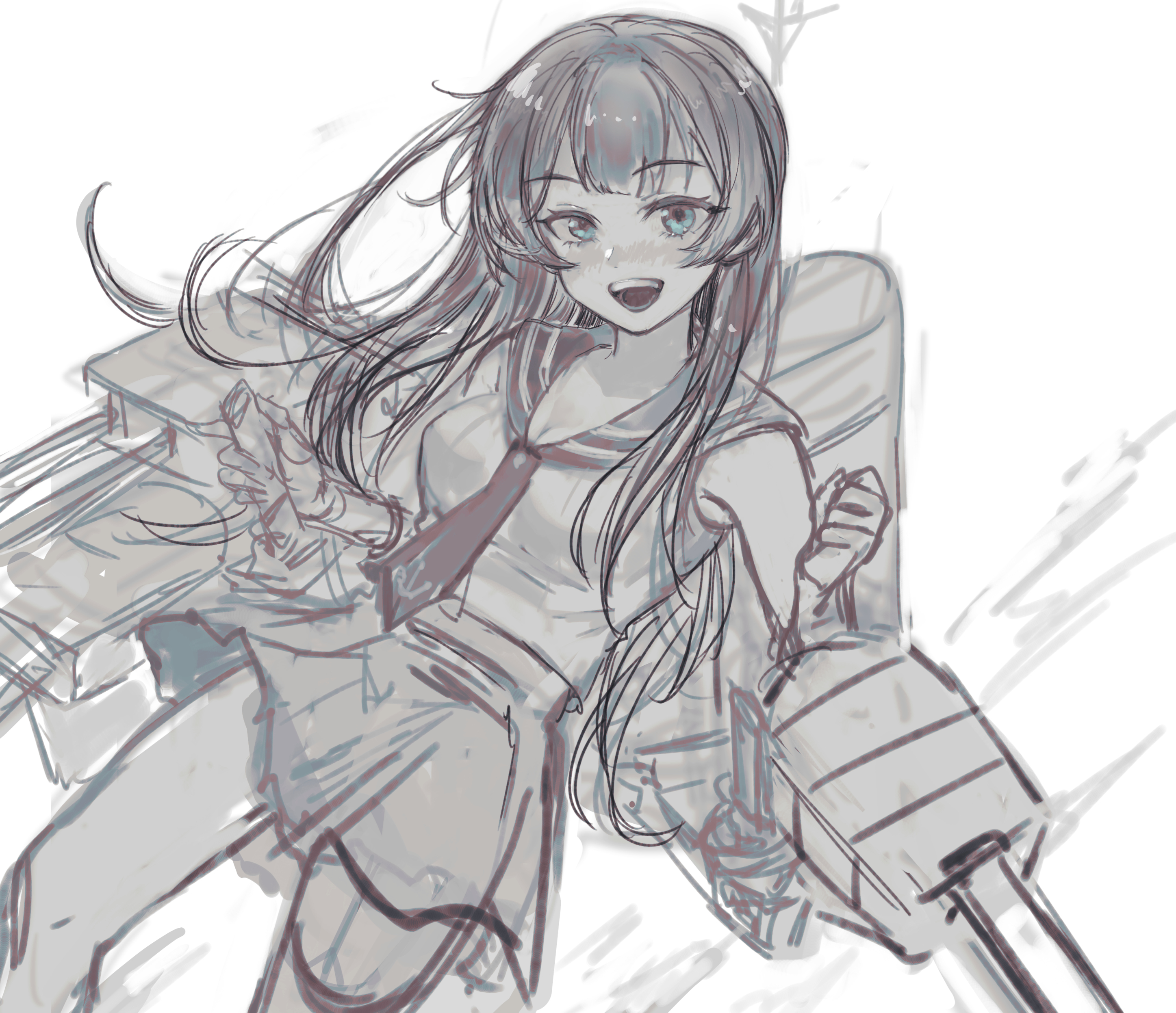hagioshi, agano (kancolle), kantai collection, absurdres, highres, 1girl, armpits, black hair, black necktie, blue sailor collar, breasts, closed mouth, gloves, green eyes, large breasts, long hair, looking at viewer, military uniform, miniskirt, necktie, open mouth, red skirt, sailor collar, school uniform, serafuku, ship turret, skirt, sleeveless, smile, solo, teeth, upper teeth only, v, white gloves, white serafuku