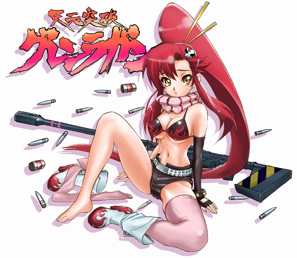 maruyama, yoko littner, tengen toppa gurren lagann, 00s, 1girl, anti-materiel rifle, barefoot, belt, bikini, bikini top only, black bikini, boots, breasts, bullet, cleavage, elbow gloves, feet, female focus, fingerless gloves, gloves, gun, midriff, navel, pink thighhighs, ponytail, red hair, rifle, shoes, shorts, sidelocks, single shoe, single sock, sitting, sniper rifle, socks, solo, spread legs, sweat, swimsuit, thighhighs, weapon, yellow eyes