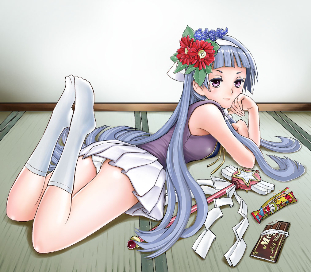 maruyama, nagi, kannagi, 00s, 1girl, ass, blue hair, blunt bangs, chocolate, feet, female focus, flower, head rest, legs up, lying, on stomach, panties, pantyshot, purple eyes, socks, solo, underwear, white panties