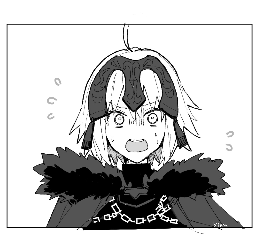 ki wa001, jeanne d'arc alter (avenger) (fate), jeanne d'arc alter (fate), fate/grand order, fate (series), 1girl, armor, armored dress, black cape, blush, cape, chain, dress, embarrassed, flying sweatdrops, fur trim, gauntlets, greyscale, headpiece, looking at viewer, monochrome, short hair, simple background, solo, sweatdrop, white background