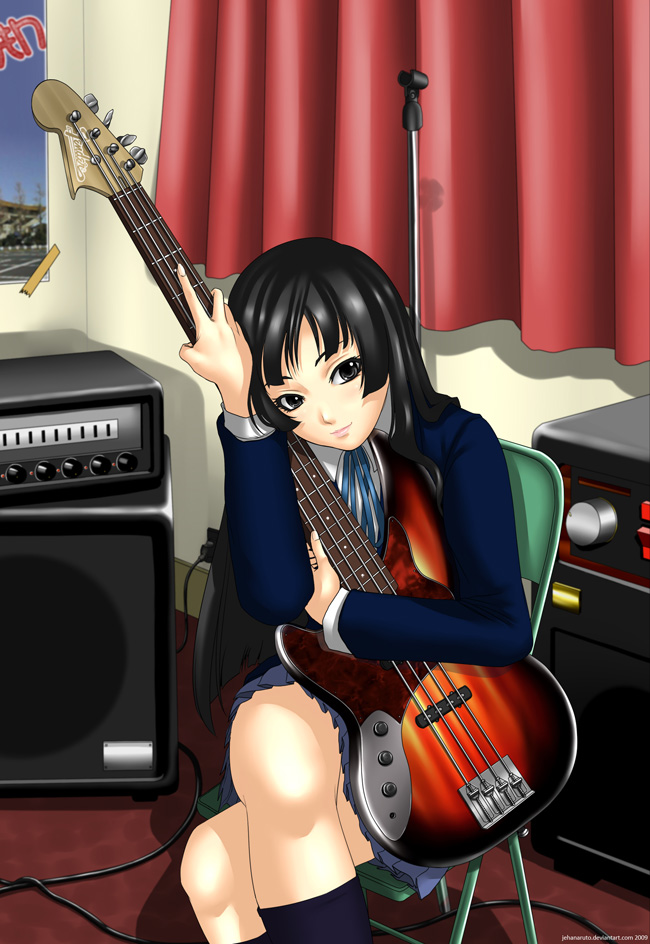 jehanaruto13, akiyama mio, k-on!, 00s, 1girl, amplifier, bass guitar, black eyes, black hair, blazer, chair, curtains, female focus, indoors, instrument, jacket, long hair, microphone stand, school uniform, sitting, skirt, solo