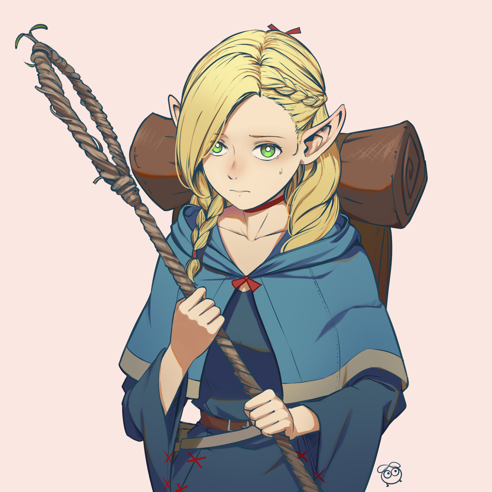brocollie, marcille donato, dungeon meshi, commentary, highres, 1girl, artist logo, asymmetrical bangs, bag, belt, blonde hair, blue capelet, blue dress, braid, bright pupils, brown belt, capelet, choker, closed mouth, collarbone, cowboy shot, dress, elf, forehead, green eyes, half up braid, holding, holding staff, logo, long hair, long sleeves, looking at viewer, mage staff, pointy ears, red choker, simple background, solo, staff, sweat, white background, white pupils, wide sleeves