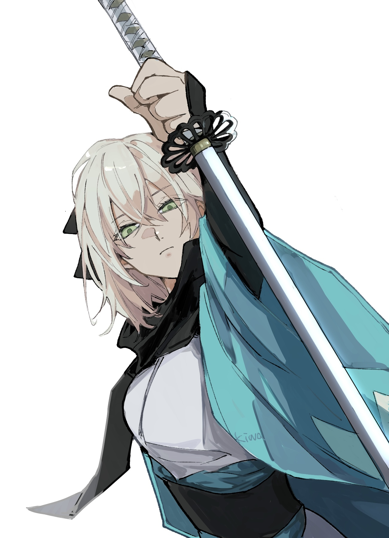 ki wa001, okita souji (fate), okita souji (koha-ace), fate/type redline, fate (series), highres, 1girl, black bow, black scarf, blonde hair, bow, breasts, hair bow, haori, holding, holding sword, holding weapon, japanese clothes, katana, kimono, looking at viewer, medium breasts, obi, okita souji (third ascension) (fate), sash, scarf, shinsengumi, short hair, short kimono, simple background, solo, sword, weapon, white background, white kimono, yellow eyes