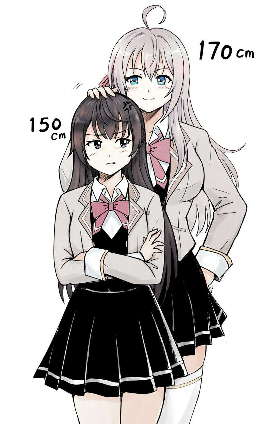 y.ssanoha, alisa mikhailovna kujou, suou yuki, tokidoki bosotto roshia-go de dereru tonari no alya-san, commentary request, highres, 2girls, ahoge, anger vein, black dress, black hair, blue eyes, breasts, brown eyes, brown jacket, crossed arms, dress, grey hair, hand on another's head, hand on own hip, height difference, jacket, large breasts, long hair, medium breasts, multiple girls, school uniform, seiren academy school uniform, smile, thighhighs, white thighhighs, zettai ryouiki