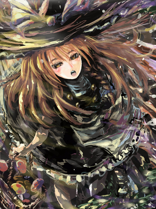 kabutoyama, kirisame marisa, touhou, bad id, bad pixiv id, 1girl, basket, blonde hair, braid, female focus, hat, mushroom, short hair, solo, witch, witch hat, yellow eyes