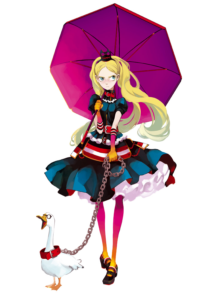 migikiki, aflack, bird, blonde hair, chain, collar, duck, gloves, green eyes, long hair, pantyhose, parasol, solo, two-tone gloves, umbrella