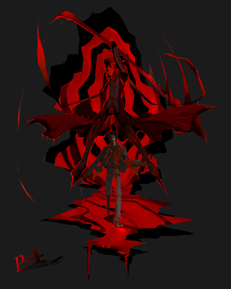 kaina (b-white), adachi tooru, magatsu izanagi, atlus, persona, persona 4, spoilers, 2boys, male focus, multiple boys, red theme