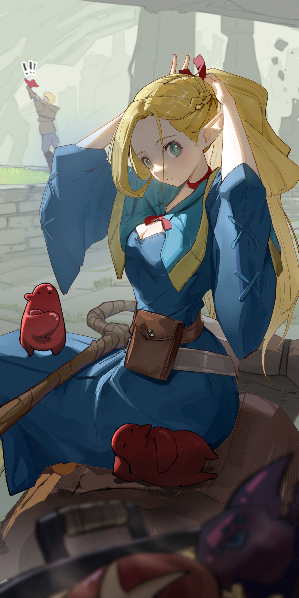 vafar7, laios touden, marcille donato, dungeon meshi, commentary request, highres, !, !!, 1boy, 1girl, blonde hair, blue capelet, blue dress, braid, breasts, capelet, choker, cleavage, creature, dress, elf, forehead, from side, green eyes, half up braid, hands up, long hair, looking at viewer, looking to the side, mage staff, parted lips, pointy ears, red choker, sitting, solo focus, staff, tying hair, waist bag