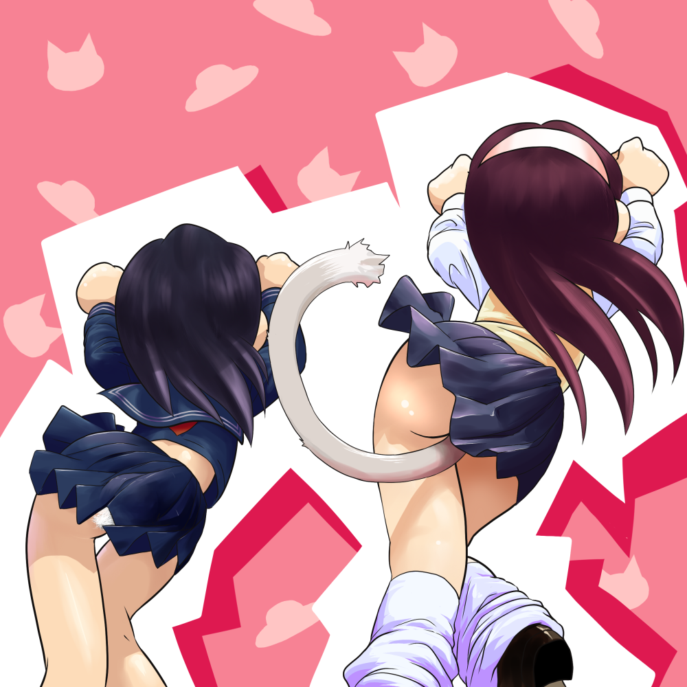 enpitsu (pencil), pencil (pixiv14007), 2girls, ass, black hair, brown eyes, caramelldansen, cat tail, dancing, multiple girls, panties, pantyshot, rabbit tail, socks, tail, underwear, upskirt, white panties