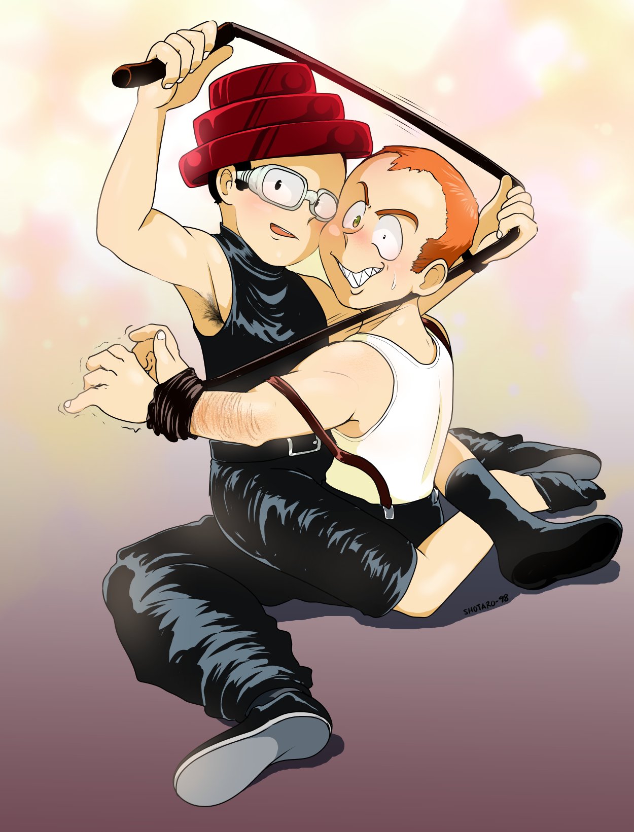 devo (band), real life, highres, 2boys, arm hair, armpit hair, armpits, arms up, back, bare arms, bare shoulders, belt, belt buckle, biceps, black belt, black hair, black shoes, black shorts, black socks, black suspenders, blush, bound, bound wrists, bright background, buckle, butterfly sitting, cheek-to-cheek, constricted pupils, crazy eyes, danny elfman, energy dome, forehead, full body, goggles, green eyes, grin, head tilt, heads together, holding, holding whip, hug, kneehighs, looking at viewer, male focus, mark mothersbaugh, medium sideburns, mismatched irises, multiple boys, nape, no eyebrows, nose, nose blush, oingo boingo, open mouth, orange hair, outstretched arms, pants, shirt, shoes, short hair, shorts, shotaro 98, simple background, sitting, sleeveless, sleeveless turtleneck, small sweatdrop, smile, socks, solid oval eyes, spanish commentary, suspenders, suspenders slip, tank top, trembling, turtleneck, turtleneck shirt, v-shaped eyebrows, very short hair, waist hug, wariza, whip, white tank top, wide-eyed, yaoi