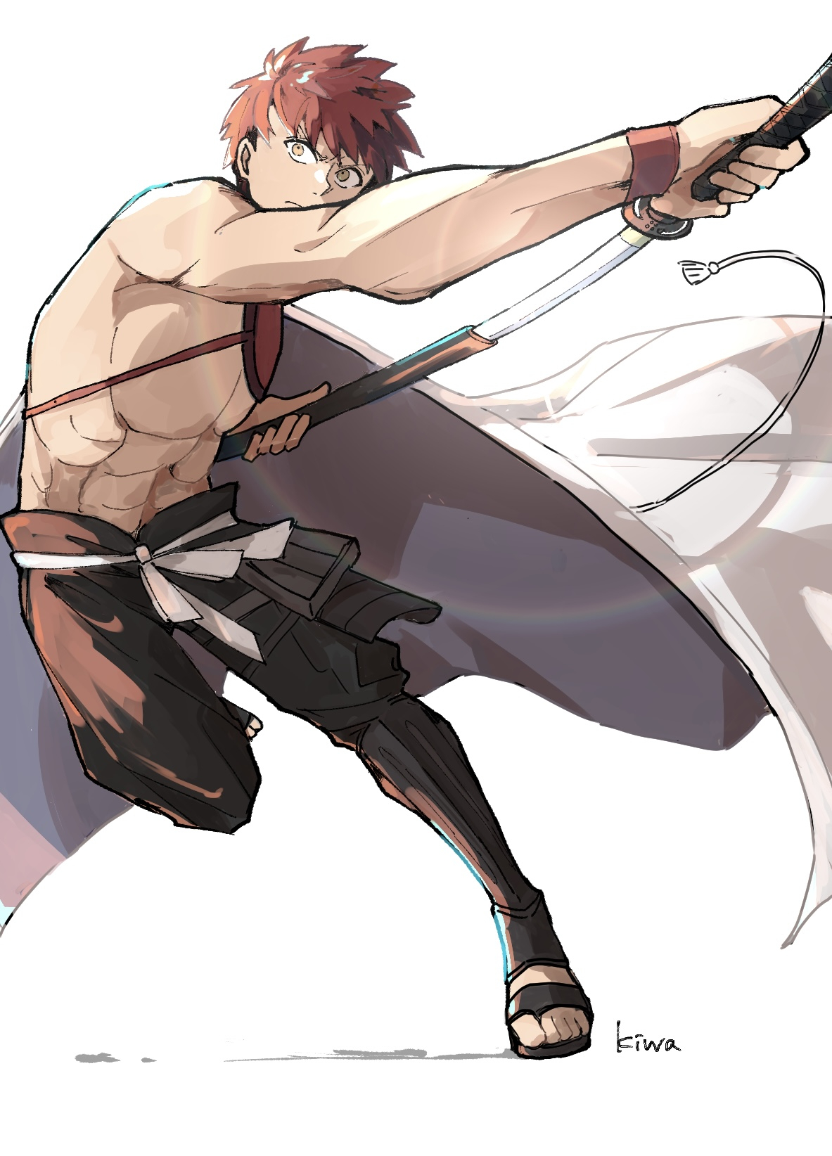 ki wa001, emiya shirou, senji muramasa (fate), fate/grand order, fate (series), highres, 1boy, abs, cape, holding, holding sword, holding weapon, igote, japanese clothes, male focus, orange hair, red hair, sheath, short hair, simple background, single bare shoulder, solo, sword, unsheathing, weapon, white background, yellow eyes
