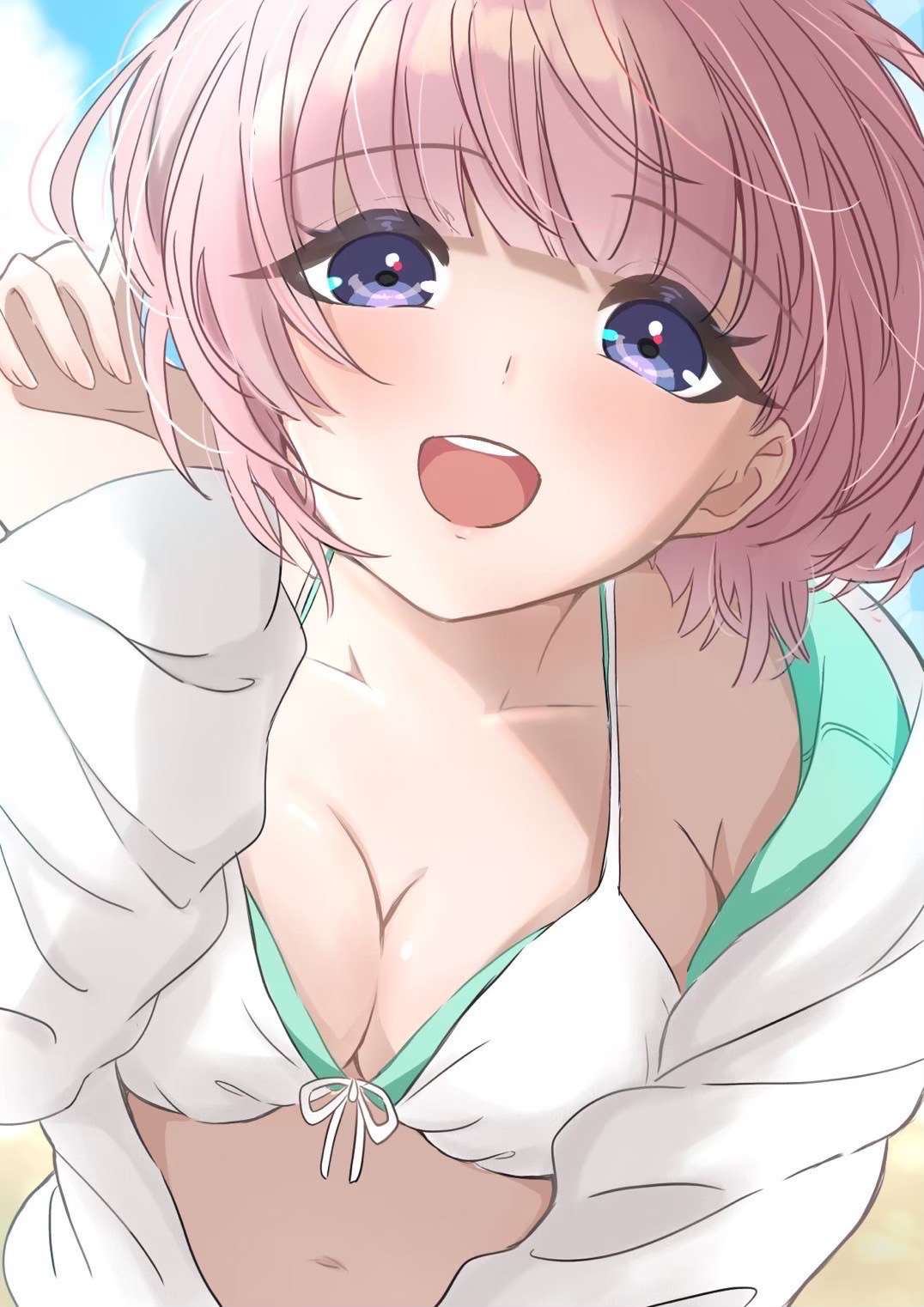 ya (khpg4847), arimura mao, gakuen idolmaster, idolmaster, commentary request, highres, 1girl, bikini, blunt bangs, blush, breasts, collarbone, front-tie bikini top, front-tie top, halterneck, jacket, kimi to semi blue (idolmaster), looking at viewer, medium breasts, navel, official alternate costume, open clothes, open jacket, outdoors, pink hair, purple eyes, short hair, smile, solo, stomach, swimsuit, teeth, two-sided fabric, two-sided jacket, upper teeth only, white bikini, white jacket
