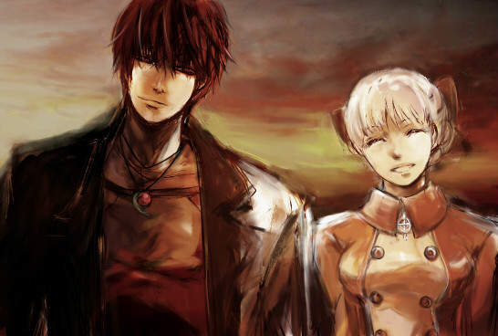 alice elliot, yuri hyuga, shadow hearts, silver hair, brown hair, coat, jewelry, pendant, short hair, trench coat