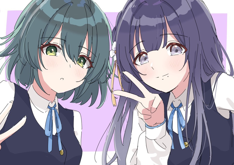 ya (khpg4847), hataya misuzu, tsukimura temari, gakuen idolmaster, idolmaster, commentary request, 2girls, alternate hair length, alternate hairstyle, blue ribbon, blue vest, blush, border, fingernails, hair flaps, hair length switch, hatsuboshi gakuen school uniform, long hair, looking at viewer, mole, mole under mouth, multiple girls, neck ribbon, purple background, ribbon, school uniform, shirt, short hair, simple background, smile, straight hair, upper body, v, very long hair, vest, white border, white shirt