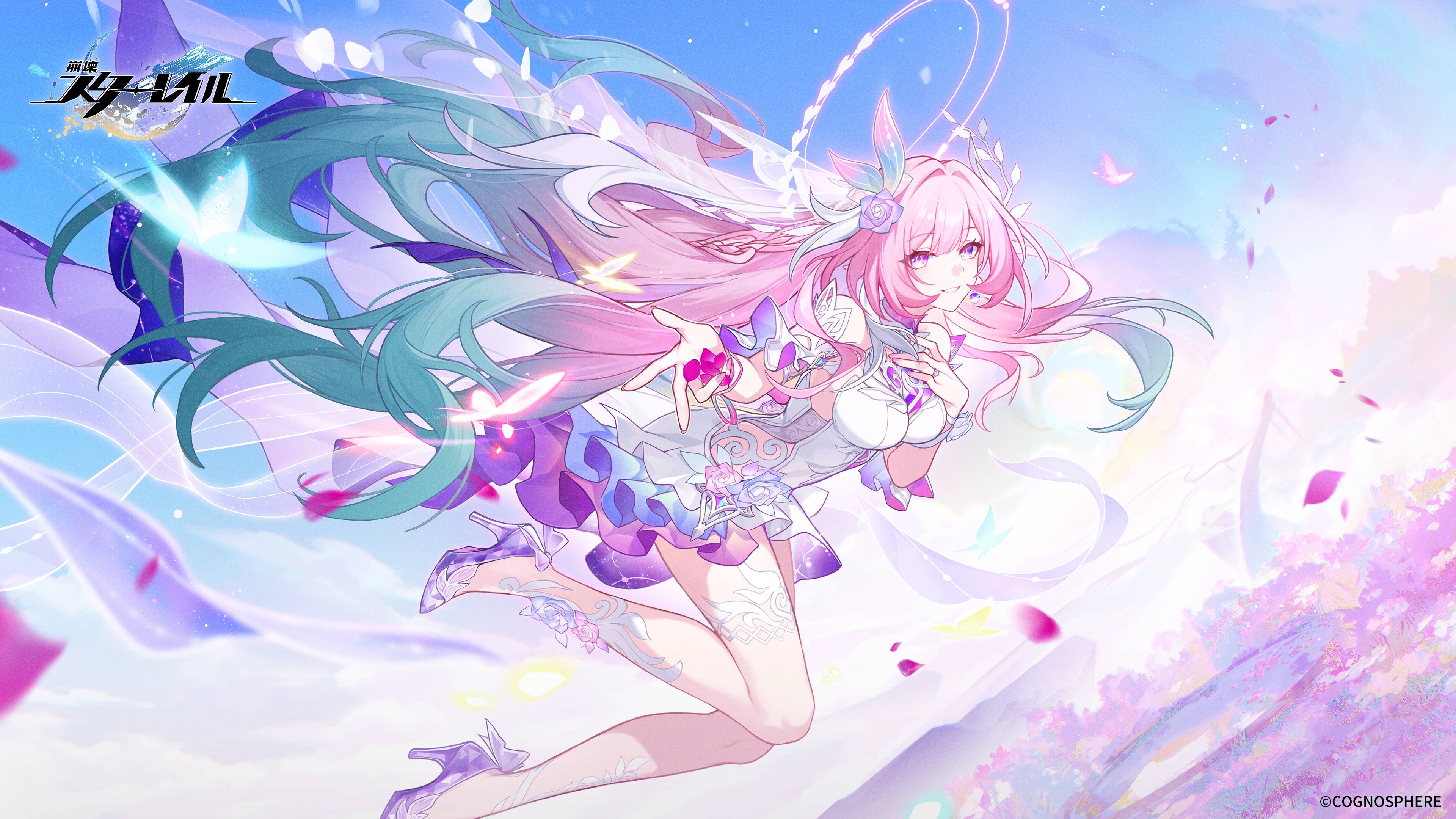 cyrene (honkai: star rail), cyrene (ripples of past reverie) (honkai: star rail), honkai: star rail, honkai (series), absurdres, highres, official art, 1girl, aqua hair, bare shoulders, blue sky, breasts, copyright name, diamond-shaped pupils, diamond (shape), flower, gradient hair, hair flower, hair ornament, halo, long hair, looking at viewer, medium breasts, multicolored hair, pink hair, purple eyes, sky, smile, solo, streaked hair, symbol-shaped pupils, thighs, very long hair, white hair