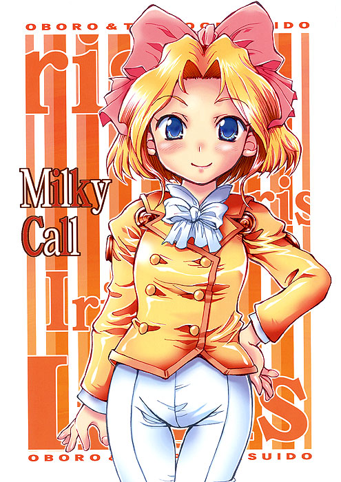 tenpou gensui, iris chateaubriand, sakura taisen, md5 mismatch, resolution mismatch, source larger, 00s, 1girl, blonde hair, blue eyes, blush, bow, child, female focus, hand on own hip, hip focus, looking at viewer, pink bow, short hair, smile, solo, thigh gap, thighs