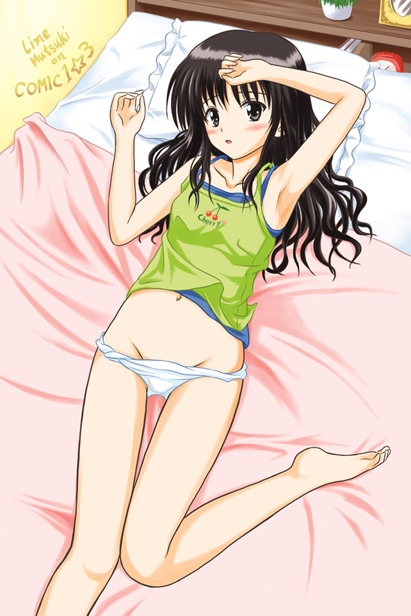 mutsuki raimu, yuuki mikan, to love-ru, colorized, 00s, 1girl, armpits, barefoot, bed, blush, camisole, female focus, groin, hair ornament, lying, navel, on back, panties, pillow, solo, underwear