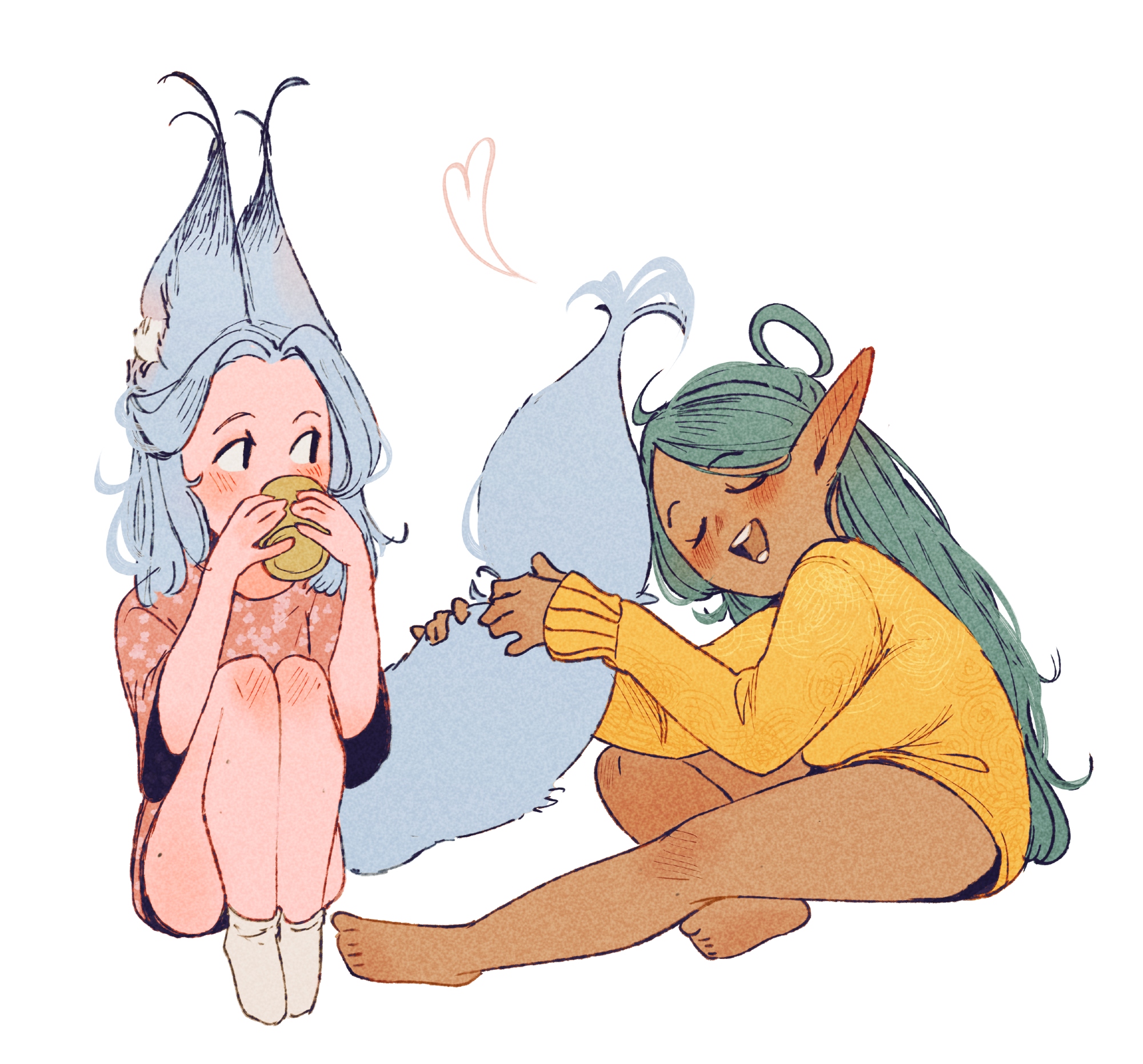 spindle (aidenr0), original, alt text, commentary, english commentary, highres, 2girls, animal ears, aqua hair, barefoot, blush, cup, dark-skinned female, dark skin, ear blush, elf, fox ears, fox girl, fox tail, grey hair, hands up, heart, holding, holding cup, knees up, long hair, long sleeves, looking at another, looking to the side, lyn (spindle (aidenr0)), multiple girls, no pants, open mouth, pink shirt, pointy ears, shirt, simple background, sitting, smile, socks, sweater, tail, therese (spindle (aidenr0)), three-quarter sleeves, white background, white socks, yellow sweater, yuri