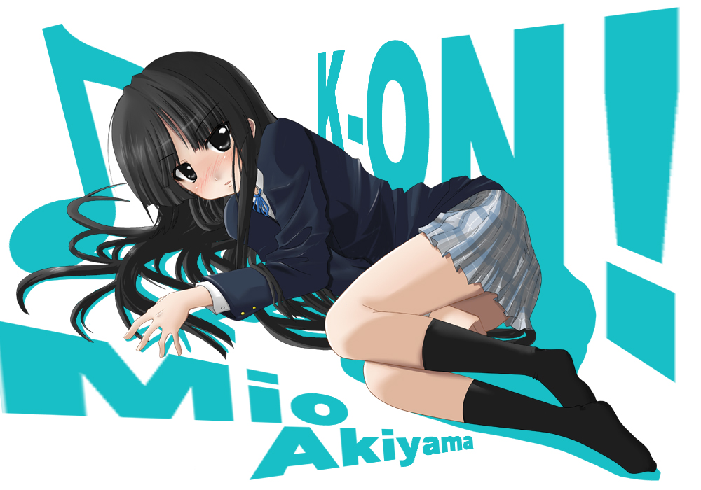 akiyama mio, k-on!, non-web source, 00s, 1girl, ass, black eyes, black hair, blazer, blunt bangs, blush, female focus, full body, hime cut, jacket, long hair, lying, on side, plaid clothes, plaid skirt, school uniform, skirt, solo