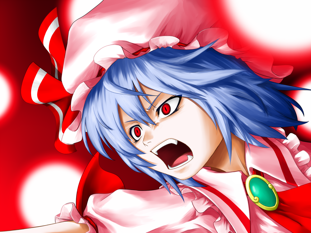 kentairui, remilia scarlet, touhou, 1girl, angry, danmaku, fangs, female focus, open mouth, red eyes, solo