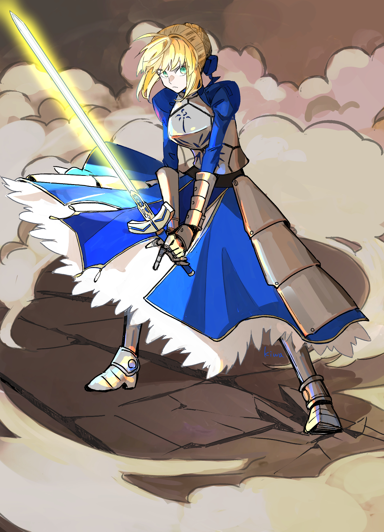 ki wa001, artoria pendragon (fate), saber (fate), fate/grand order, fate/stay night, fate (series), highres, 1girl, ahoge, armor, armored dress, blonde hair, blue dress, blue ribbon, braid, breasts, dress, dust cloud, excalibur (fate/stay night), gauntlets, green eyes, hair bun, hair ribbon, holding, holding sword, holding weapon, long sleeves, medium breasts, ribbon, short hair, solo, sword, weapon