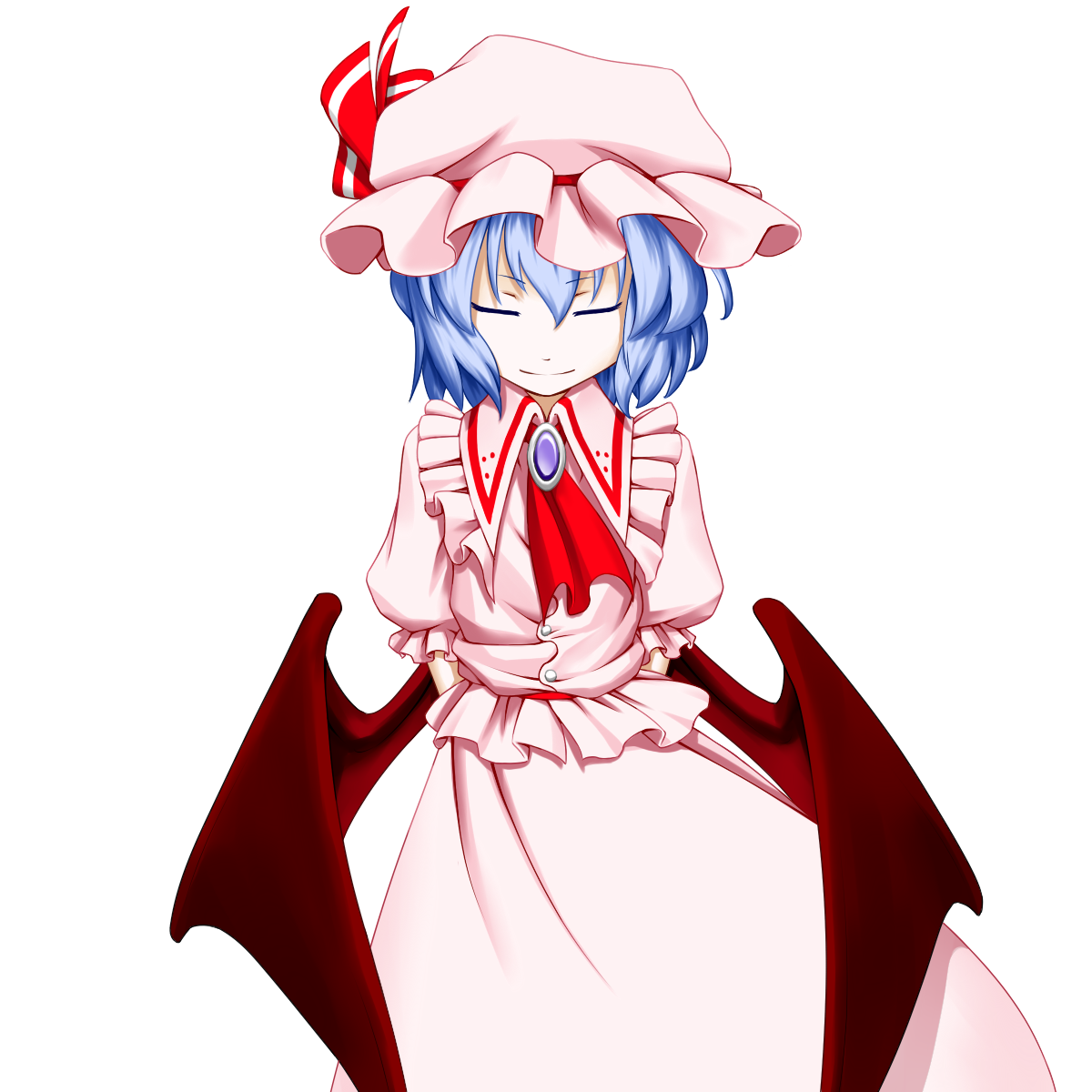 kentairui, remilia scarlet, touhou, bad id, bad pixiv id, highres, 1girl, arms behind back, bat wings, closed eyes, female focus, low wings, simple background, smile, solo, white background, wings