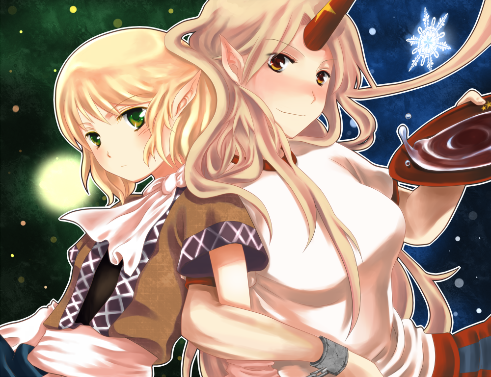 atoki, hoshiguma yuugi, mizuhashi parsee, touhou, 2girls, blonde hair, cup, female focus, green eyes, horns, long hair, multiple girls, sakazuki, single horn, star (symbol)