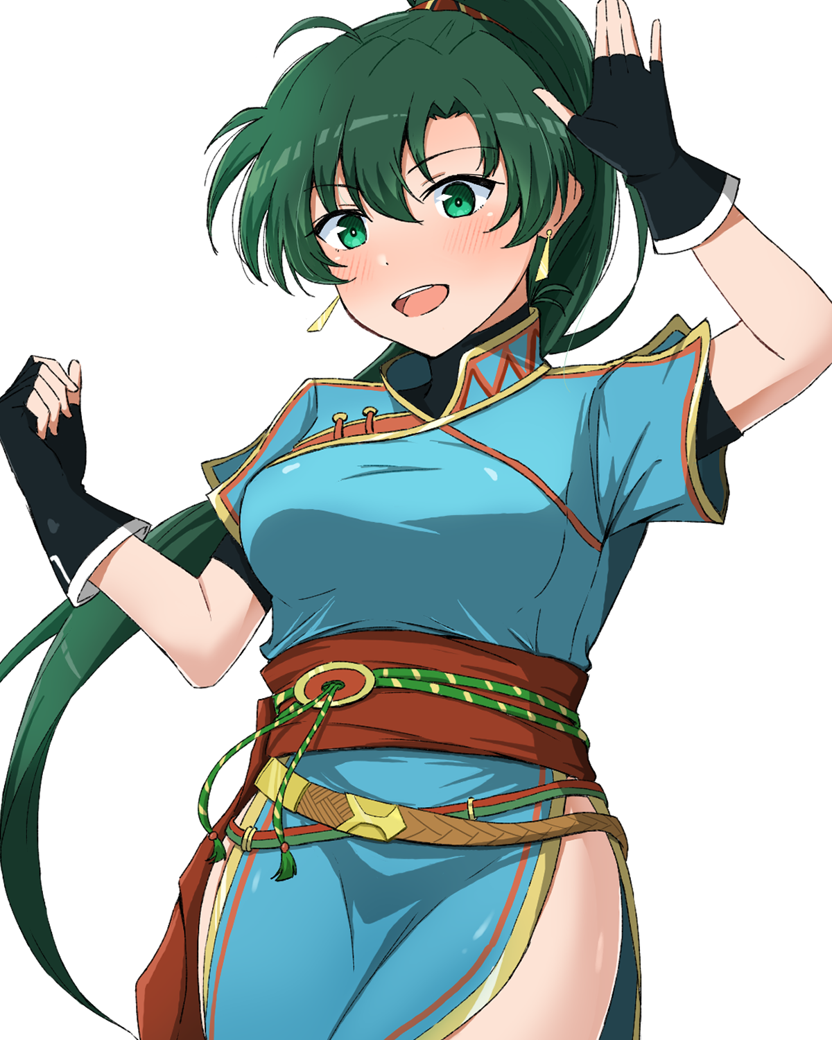 vankin, lyn (fire emblem), fire emblem, fire emblem: the blazing blade, nintendo, commentary request, highres, 1girl, black gloves, blue dress, china dress, chinese clothes, dress, earrings, fingerless gloves, gloves, gold trim, green eyes, green hair, jewelry, long hair, looking at viewer, open mouth, pelvic curtain, ponytail, sash, short sleeves, simple background, smile, solo, teeth, upper teeth only, very long hair, white background