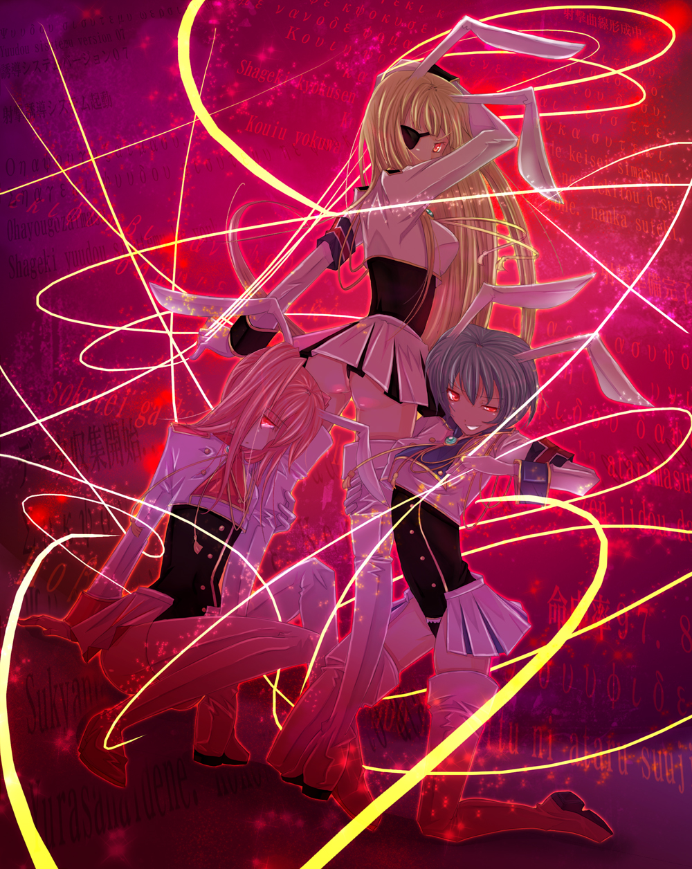 kariya (artist), kariya (mizore), chiester00, chiester410, chiester45, chiester sisters, umineko no naku koro ni, highres, 00s, 3girls, animal ears, armband, blonde hair, blue hair, eyepatch, long hair, multiple girls, pink hair, rabbit ears, red eyes, showgirl skirt, smile, thighhighs