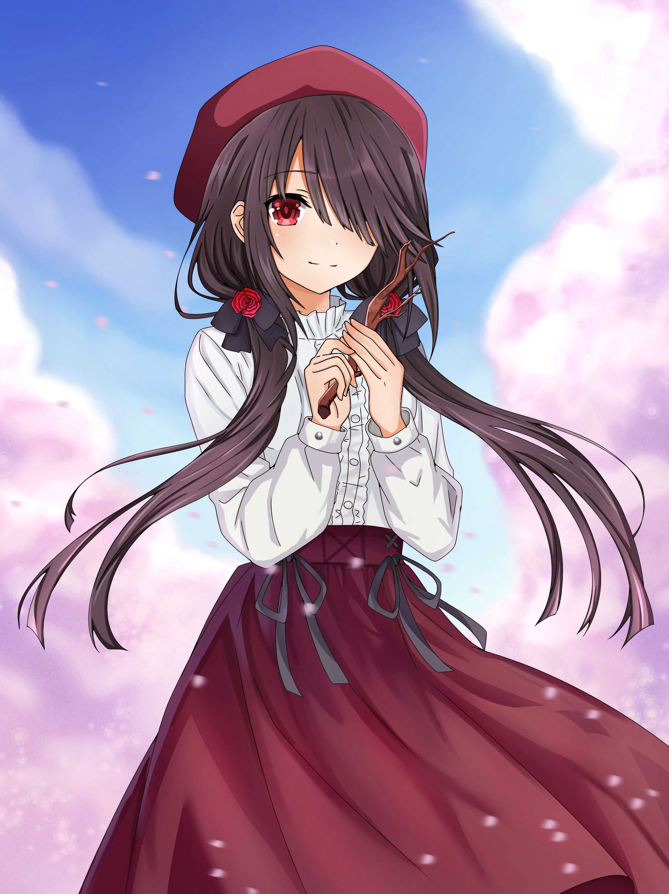 xdlloyd091x, tokisaki kurumi, date a live, absurdres, highres, 1girl, alternate costume, black hair, cherry blossoms, clock eyes, dress, falling petals, hat, light smile, long hair, long sleeves, looking at viewer, low twintails, outdoors, petals, red eyes, red hat, red skirt, shirt, skirt, smile, solo, symbol-shaped pupils, twintails, white shirt